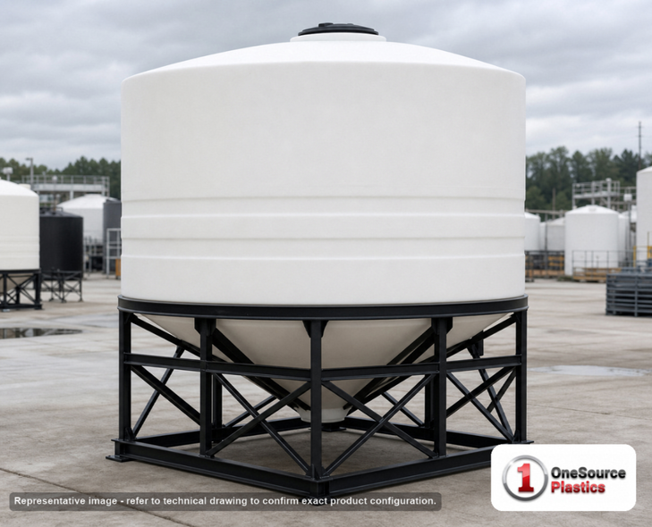 Snyder Industries 1600 Gallon Heavy Duty Cone Bottom Tank. Polyethylene; Natural White; dimensions 72.0in H x 95.0in W x 95.0in L; 277.0 lb empty; 1.9 specific gravity rating; fittings: 1 Manway / Lid; max temp 100 deg  F / 37 deg  C. Manufacturer part number 8330000n45. Sold by OneSource Plastics (https://www.onesourceplastics.com).