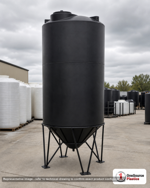 Snyder Industries 1500 Gallon Heavy Duty Cone Bottom Tank. 1500 gallon capacity; High Density Linear Polyethylene; Black; dimensions 141.0in H x 64.0in W x 64.0in L; 315.0 lb empty; 1.9 specific gravity rating; 45-degree cone bottom; fittings: 1 Manway / Lid; max temp 100 deg  F / 37 deg  C. Manufacturer part number 5010000n51. Manufactured by Snyder. Sold by OneSource Plastics (https://www.onesourceplastics.com).