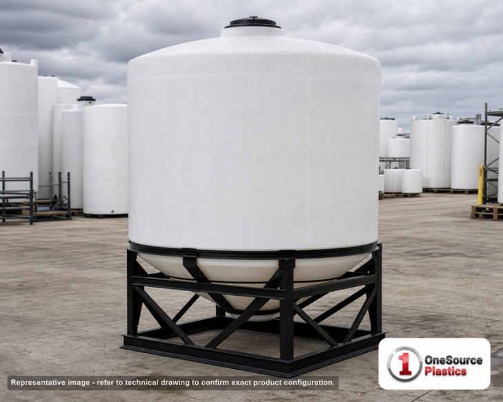 Snyder Industries 1250 Gallon Heavy Duty Cone Bottom Tank. Polyethylene; Natural White; dimensions 70.0in H x 95.0in W x 95.0in L; 300.0 lb empty; 1.9 specific gravity rating; fittings: 1 Manway / Lid; max temp 100 deg  F / 37 deg  C. Manufacturer part number 8310000n45. Sold by OneSource Plastics (https://www.onesourceplastics.com).