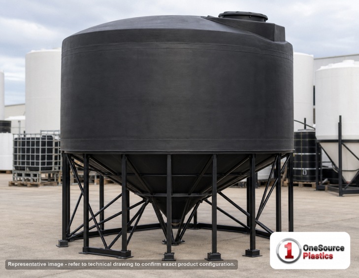 Snyder Industries 1250 Gallon Heavy Duty Cone Bottom Tank. Polyethylene; Black; 70" H x 95" W x 95" L; fittings: 1 Manway /
