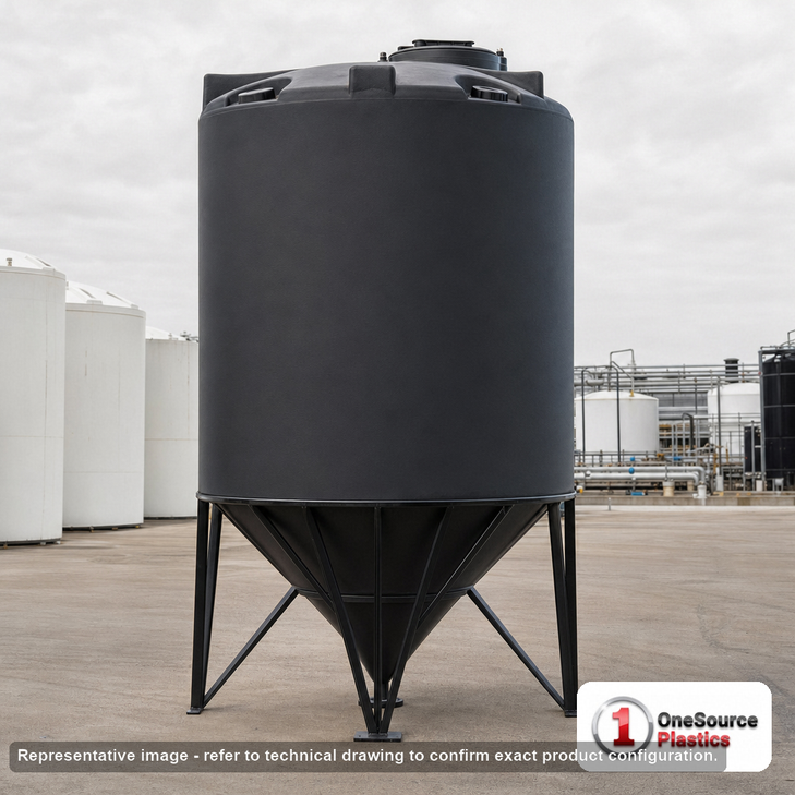 Snyder Industries 1000 Gallon Heavy Duty Cone Bottom Tank. 1000 gallon capacity; High Density Linear Polyethylene; Black; dimensions 103.0in H x 64.0in W x 64.0in L; 210.0 lb empty; 1.9 specific gravity rating; 45-degree cone bottom; fittings: 1 Manway / Lid; max temp 100 deg  F / 37 deg  C. Manufacturer part number 5000000n51. Manufactured by Snyder. Sold by OneSource Plastics (https://www.onesourceplastics.com).