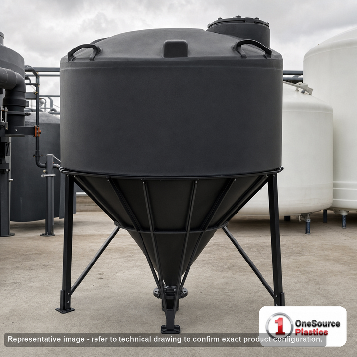 Snyder Industries 500 Gallon Heavy Duty Cone Bottom Tank. 500 gallon capacity; High Density Linear Polyethylene; Black; dimensions 63.0in H x 64.0in W x 64.0in L; 120.0 lb empty; 1.9 specific gravity rating; 45-degree cone bottom; fittings: 1 Manway / Lid; max temp 100 deg  F / 37 deg  C. Manufacturer part number 6190000n51. Manufactured by Snyder. Sold by OneSource Plastics (https://www.onesourceplastics.com).