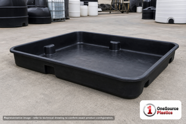 Norwesco 250 Gallon PE Open Top Containment Tank. Polyethylene; Black; dimensions 11.0in H x 68.0in W x 92.0in L; 76.0 lb empty; 1.5 specific gravity rating; max temp 120 deg  F / 48 deg  C; 3 Year Warranty. Manufacturer part number 42114. Sold by OneSource Plastics (https://www.onesourceplastics.com).
