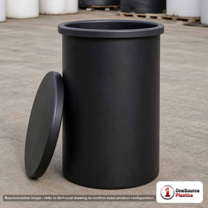 Chem-Tainer 16 Gallon Plastic Open Top Batch Storage Tank in Black. 16.0 gallon capacity; Polyethylene; Black; dimensions 28.0in H x 16.0in W x 16.0in L; 9.0 lb empty. Manufacturer part number TC1427AA-BLACK. Sold by OneSource Plastics (https://www.onesourceplastics.com).