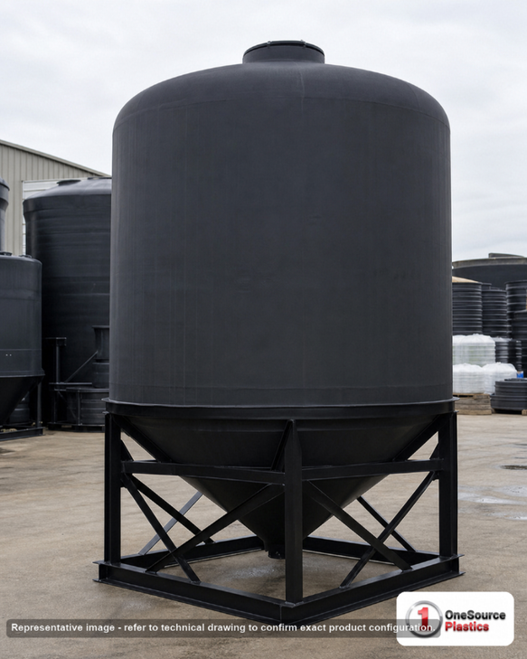 Snyder Industries 3600 Gallon Black HDPE Cone Bottom Tank. Polyethylene; Black; dimensions 125.0in H x 102.0in W x 102.0in L; 1090.0 lb empty; 1.5 specific gravity rating; fittings: 1 Manway / Lid; max temp 100 deg  F / 37 deg  C; 3 Year Warranty. Manufacturer part number 8050000N49. Sold by OneSource Plastics (https://www.onesourceplastics.com).