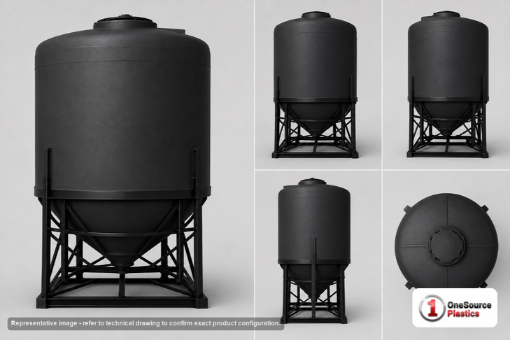 Dimensional spec drawing for Snyder 3600 Gallon Cone Bottom Tank (102" L x 102" W x 125" H)