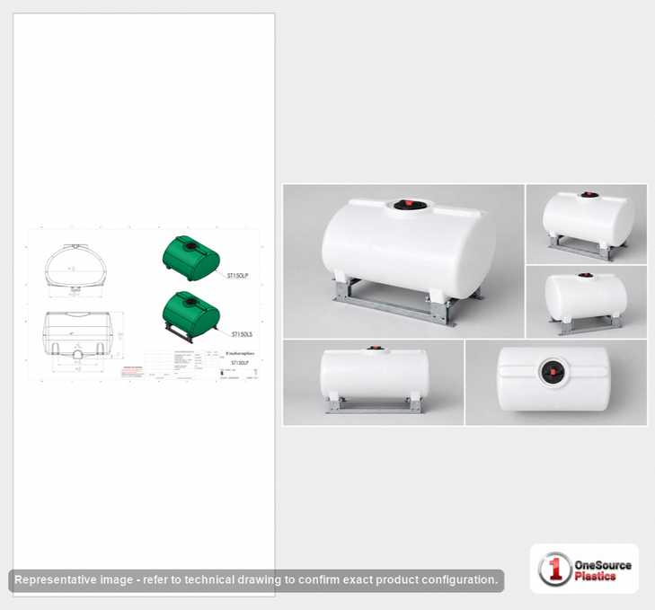 Dimensional spec drawing for Enduraplas 150 Gallon Horizontal Leg Tank (46" L x 41" W x 34" H)