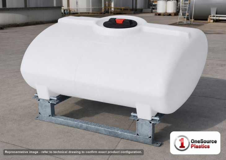 Enduraplas 100 Gallon White Horizontal Sump Bottom Leg Tank w/ Frame. Polyethylene; Natural White; dimensions 28.0in H x 41.0in W x 46.0in L; 59.0 lb empty; 1.9 specific gravity rating; fittings: 1 Manway / Lid; 10 Year Warranty with Activation. Manufacturer part number THD00100KW. Sold by OneSource Plastics (https://www.onesourceplastics.com).