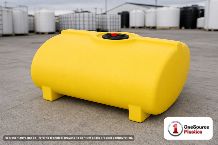 Enduraplas 100 Gallon Yellow Horizontal Sump Bottom Leg Tank. Polyethylene; Yellow; dimensions 27.0in H x 41.0in W x 46.0in L; 59.0 lb empty; 1.9 specific gravity rating; fittings: 1 Manway / Lid; 10 Year Warranty with Activation. Manufacturer part number THD00100Y. Sold by OneSource Plastics (https://www.onesourceplastics.com).