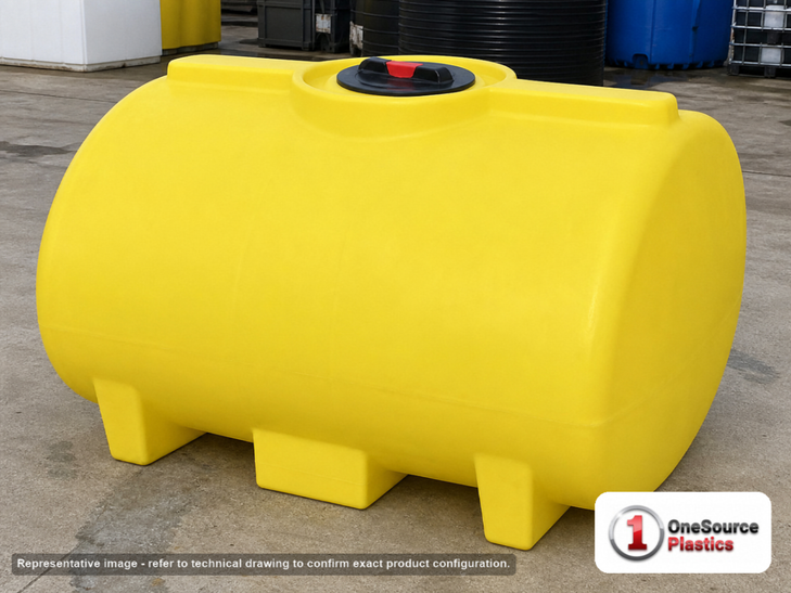 Enduraplas 150 Gallon Yellow Horizontal Sump Bottom Leg Tank. Polyethylene; Yellow; dimensions 33.0in H x 41.0in W x 46.0in L; 70.0 lb empty; 1.9 specific gravity rating; fittings: 1 Manway / Lid; 10 Year Warranty with Activation. Manufacturer part number THD00150Y. Sold by OneSource Plastics (https://www.onesourceplastics.com).