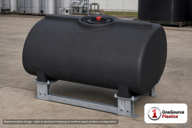 Enduraplas 150 Gallon Black Horizontal Sump Bottom Leg Tank w/ Frame. Polyethylene; Black; 34" H x 41" W x 46" L; fittings: