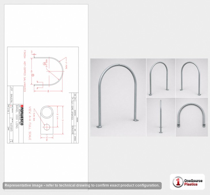 Dimensional spec drawing for Norwesco 710/1010 Gal Drainable Leg Tank Long Support Bands (51" L x 2" W x 48" H)