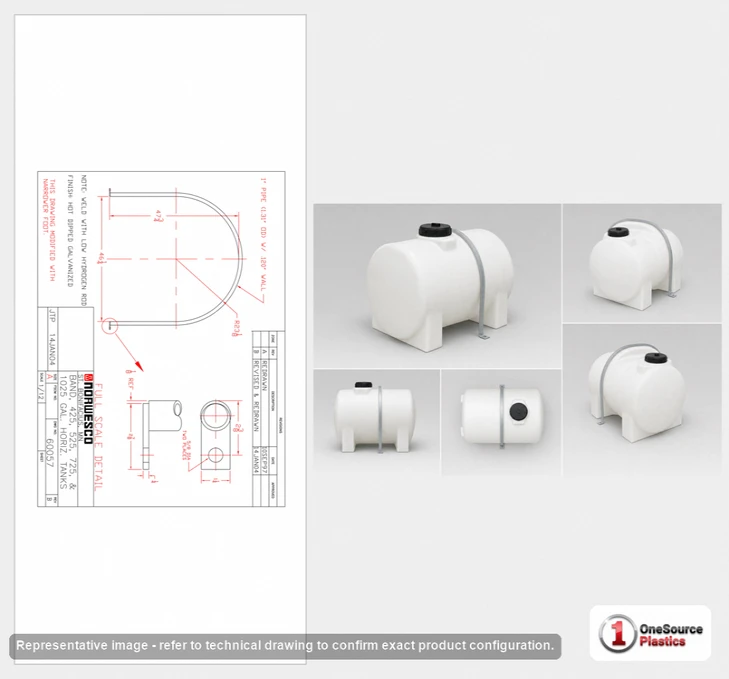 Dimensional spec drawing for Norwesco Bolt Down Hoop (1) Each for 425/525/725/1025 Gallon Horizontal Leg Tanks