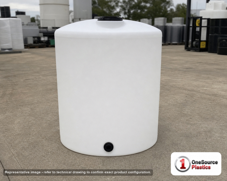 Chem-Tainer 65 Gallon Vertical Storage Tank. Polyethylene; Natural White; dimensions 46.0in H x 24.0in W x 24.0in L; 22.0 lb empty; 1.5 specific gravity rating; fittings: 1 Outlet , 1 Manway / Lid; max temp 120 deg  F / 48 deg  C; 3 Year Warranty. Manufacturer part number TC2446IC-NAT. Sold by OneSource Plastics (https://www.onesourceplastics.com).