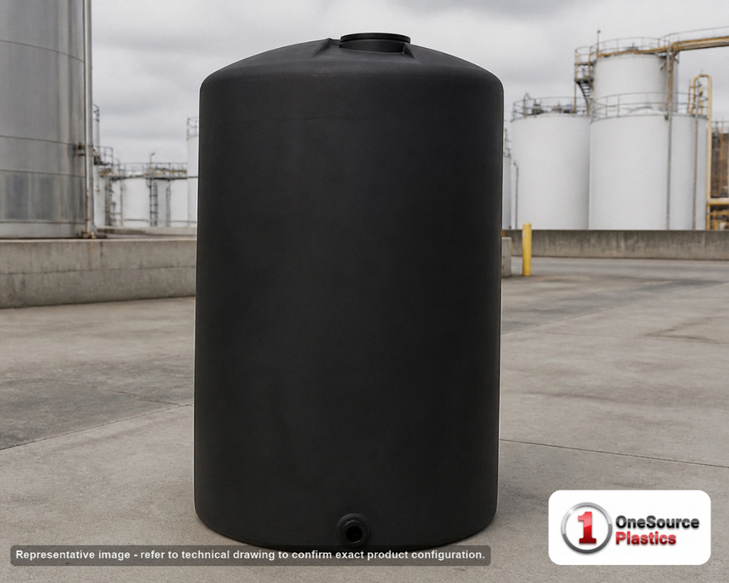Chem-Tainer 45 Gallon Vertical Storage Tank. Polyethylene; Black; 51" H x 18" W x 18" L; fittings: 1 Outlet, 1 Manway / Lid