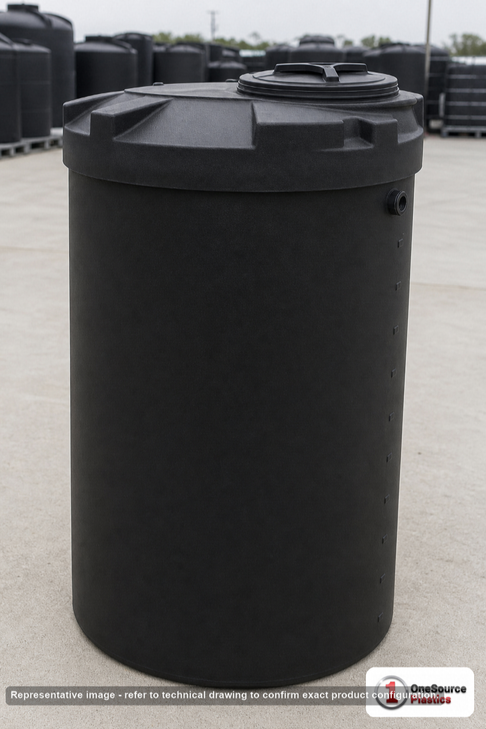 Snyder Industries 250 Gallon ASTM XLPE Black Heavy Duty Vertical Storage Tank. Crosslinked Linear Polyethylene; Black; dimensions 69.0in H x 40.0in W x 40.0in L; 79.0 lb empty; 1.9 specific gravity rating; fittings: 1 Manway / Lid; max temp 140 deg  F / 60 deg  C; 3 Year Warranty. Manufacturer part number 5730100n48. Manufactured by Snyder. Sold by OneSource Plastics (https://www.onesourceplastics.com).
