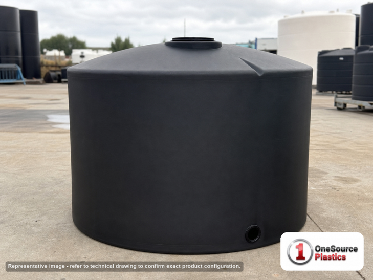 Chem-Tainer 500 Gallon Vertical Storage Tank. Polyethylene; Black; 53" H x 63" W x 63" L; fittings: 1 Outlet, 1 Manway /