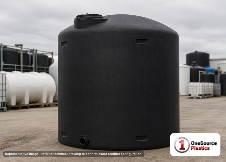 Chem-Tainer 3200 Gallon Vertical Storage Tank. Polyethylene; Black; dimensions 112.0in H x 95.0in W x 95.0in L; 660.0 lb empty; 1.5 specific gravity rating; fittings: 1 Outlet , 1 Manway / Lid; max temp 120 deg  F / 48 deg  C; 3 Year Warranty. Manufacturer part number TC3200IC-BLACK. Sold by OneSource Plastics (https://www.onesourceplastics.com).