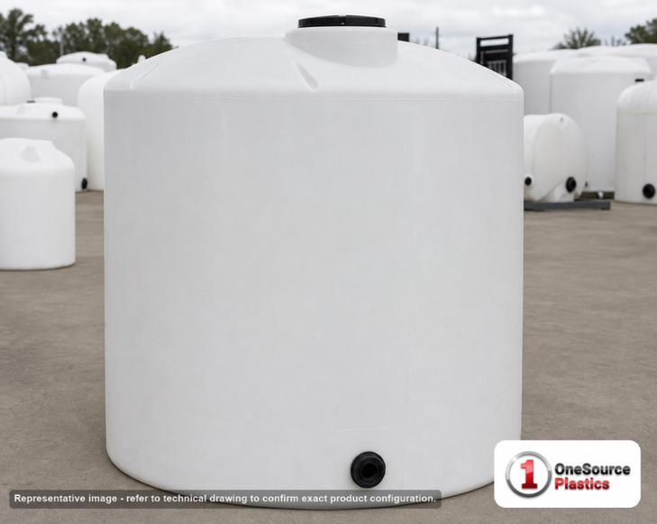 Chem-Tainer 4000 Gallon Vertical Storage Tank. Polyethylene; Natural White; dimensions 140.0in H x 95.0in W x 95.0in L; 1050.0 lb empty; 1.5 specific gravity rating; fittings: 1 Outlet , 1 Manway / Lid; max temp 120 deg  F / 48 deg  C; 3 Year Warranty. Manufacturer part number TC4000IC-NAT. Sold by OneSource Plastics (https://www.onesourceplastics.com).