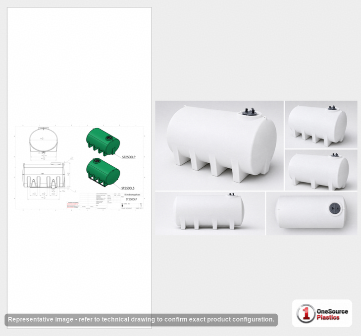 Dimensional spec drawing for Enduraplas 2500 Gallon Horizontal Leg Tank (130" L x 87" W x 77" H)