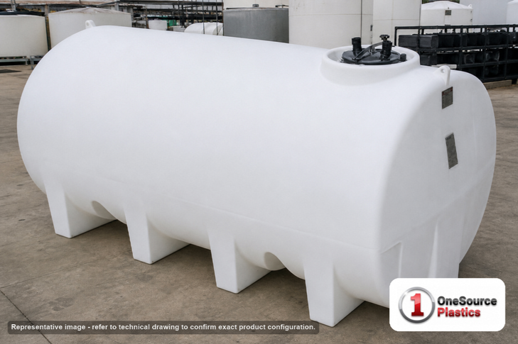 Enduraplas 1900 Gallon White Horizontal Sump Bottom Leg Tank. Polyethylene; Natural White; dimensions 79.0in H x 71.0in W x 130.0in L; 682.0 lb empty; 1.9 specific gravity rating; fittings: 1 Manway / Lid; 10 Year Warranty with Activation. Manufacturer part number THD01900W. Sold by OneSource Plastics (https://www.onesourceplastics.com).