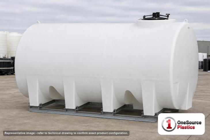 Enduraplas 2500 Gallon White Horizontal Sump Bottom Leg Tank w/ Frame. Polyethylene; Natural White; dimensions 78.0in H x 87.0in W x 130.0in L; 1045.0 lb empty; 1.9 specific gravity rating; fittings: 1 Manway / Lid; 10 Year Warranty with Activation. Manufacturer part number THD02500KW. Sold by OneSource Plastics (https://www.onesourceplastics.com).