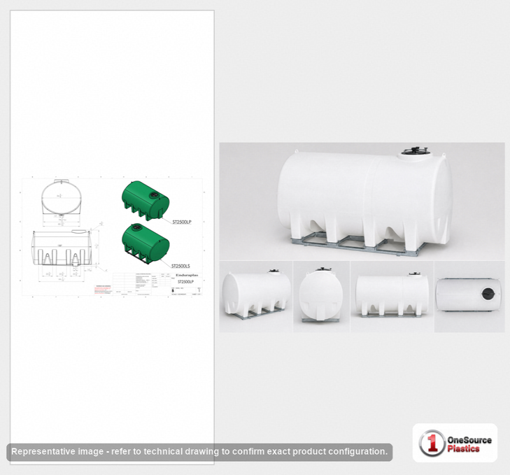 Dimensional spec drawing for Enduraplas 2500 Gallon Horizontal Leg Tank (130" L x 87" W x 78" H)