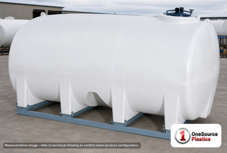 Enduraplas 2800 Gallon White Horizontal Sump Bottom Leg Tank w/ Frame. Polyethylene; Natural White; dimensions 76.0in H x 97.0in W x 145.0in L; 1166.0 lb empty; 1.9 specific gravity rating; fittings: 1 Manway / Lid; 10 Year Warranty with Activation. Manufacturer part number THD02800KW. Sold by OneSource Plastics (https://www.onesourceplastics.com).