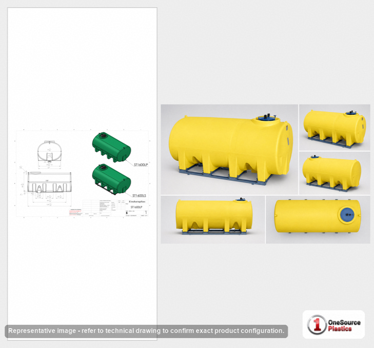 Dimensional spec drawing for Enduraplas 1600 Gallon Horizontal Leg Tank (130" L x 71" W x 60" H)