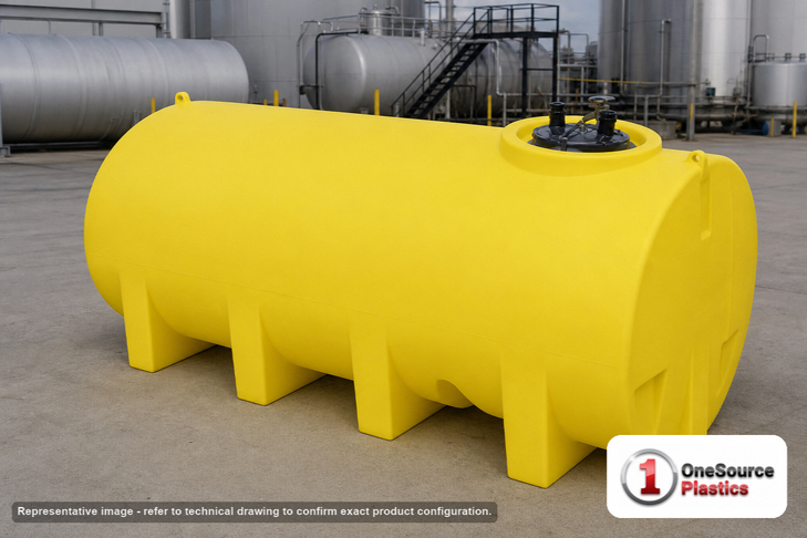 Enduraplas 1900 Gallon Yellow Horizontal Sump Bottom Leg Tank. Polyethylene; Yellow; dimensions 79.0in H x 71.0in W x 130.0in L; 682.0 lb empty; 1.9 specific gravity rating; fittings: 1 Manway / Lid; 10 Year Warranty with Activation. Manufacturer part number THD01900Y. Sold by OneSource Plastics (https://www.onesourceplastics.com).