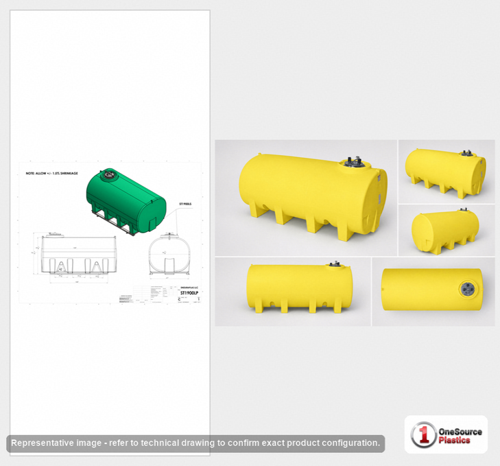 Dimensional spec drawing for Enduraplas 1900 Gallon Horizontal Leg Tank (130" L x 71" W x 79" H)