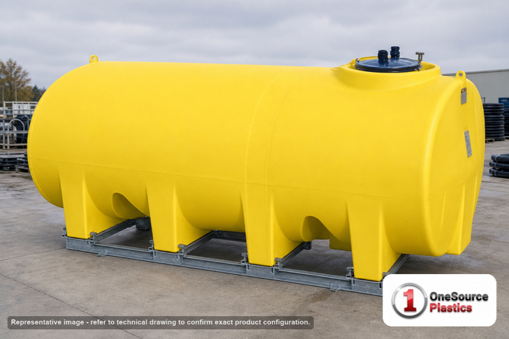 Enduraplas 1900 Gallon Yellow Horizontal Sump Bottom Leg Tank w/ Frame. Polyethylene; Yellow; 70" H x 71" W x 130" L