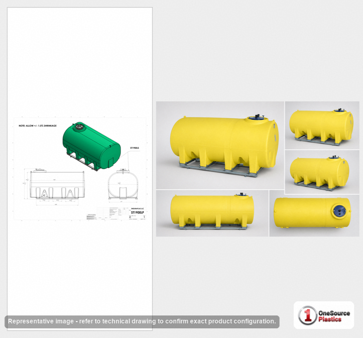 Dimensional spec drawing for Enduraplas 1900 Gallon Horizontal Leg Tank (130" L x 71" W x 70" H)