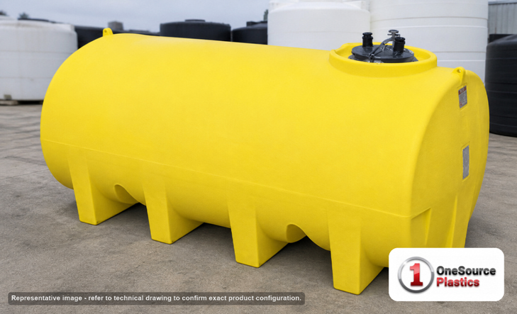 Enduraplas 2800 Gallon Yellow Horizontal Sump Bottom Leg Tank. Polyethylene; Yellow; dimensions 75.0in H x 97.0in W x 145.0in L; 1166.0 lb empty; 1.9 specific gravity rating; fittings: 1 Manway / Lid; 10 Year Warranty with Activation. Manufacturer part number THD02800Y. Sold by OneSource Plastics (https://www.onesourceplastics.com).