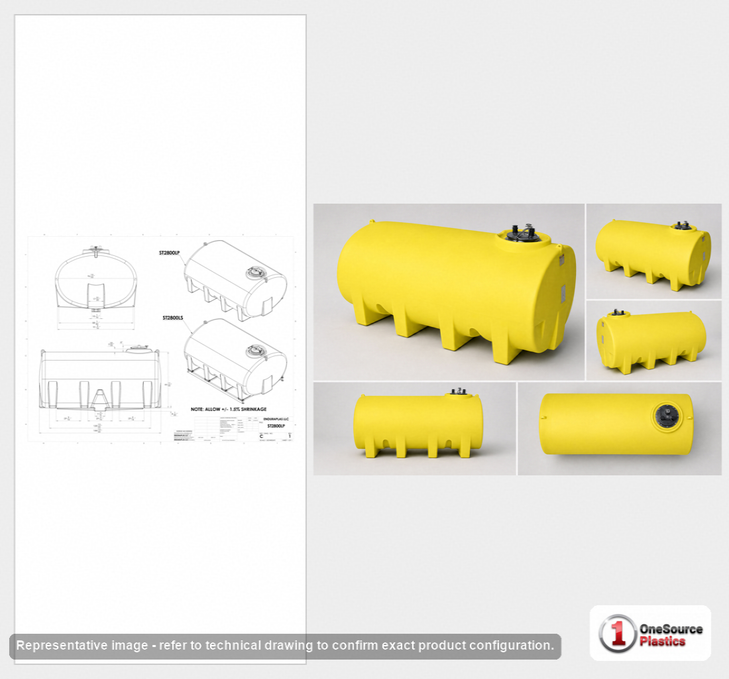 Dimensional spec drawing for Enduraplas 2800 Gallon Horizontal Leg Tank (145" L x 97" W x 75" H)
