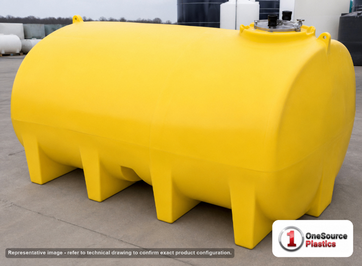Enduraplas 3200 Gallon Yellow Horizontal Sump Bottom Leg Tank. Polyethylene; Yellow; dimensions 83.0in H x 97.0in W x 145.0in L; 1320.0 lb empty; 1.9 specific gravity rating; fittings: 1 Manway / Lid; 10 Year Warranty with Activation. Manufacturer part number THD03200Y. Sold by OneSource Plastics (https://www.onesourceplastics.com).