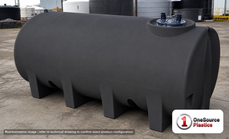 Enduraplas 1600 Gallon Black Horizontal Sump Bottom Leg Tank. Polyethylene; Black; dimensions 59.0in H x 71.0in W x 130.0in L; 594.0 lb empty; 1.9 specific gravity rating; fittings: 1 Manway / Lid; 10 Year Warranty with Activation. Manufacturer part number THD01600B. Sold by OneSource Plastics (https://www.onesourceplastics.com).