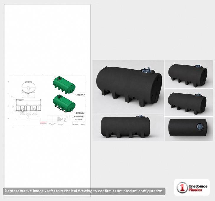 Dimensional spec drawing for Enduraplas 1600 Gallon Horizontal Leg Tank (130" L x 71" W x 59" H)