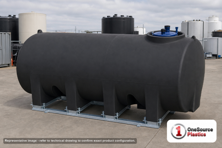 Enduraplas 1600 Gallon Black Horizontal Sump Bottom Leg Tank w/ Frame. Polyethylene; Black; dimensions 60.0in H x 71.0in W x 130.0in L; 594.0 lb empty; 1.9 specific gravity rating; fittings: 1 Manway / Lid; 10 Year Warranty with Activation. Manufacturer part number THD01600KB. Sold by OneSource Plastics (https://www.onesourceplastics.com).