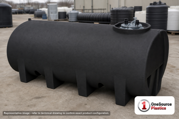 Enduraplas 1900 Gallon Black Horizontal Sump Bottom Leg Tank. Polyethylene; Black; dimensions 79.0in H x 71.0in W x 130.0in L; 682.0 lb empty; 1.9 specific gravity rating; fittings: 1 Manway / Lid; 10 Year Warranty with Activation. Manufacturer part number THD01900B. Sold by OneSource Plastics (https://www.onesourceplastics.com).