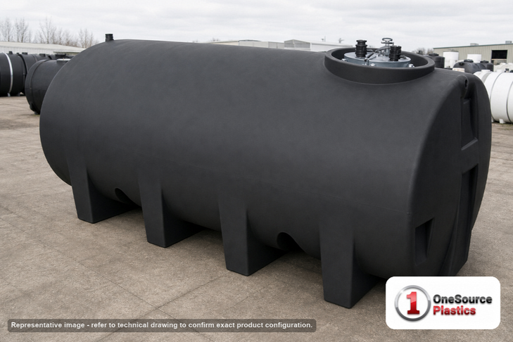 Enduraplas 2200 Gallon Black Horizontal Sump Bottom Leg Tank. Polyethylene; Black; dimensions 75.0in H x 71.0in W x 130.0in L; 770.0 lb empty; 1.9 specific gravity rating; fittings: 1 Manway / Lid; 10 Year Warranty with Activation. Manufacturer part number THD02200B. Sold by OneSource Plastics (https://www.onesourceplastics.com).