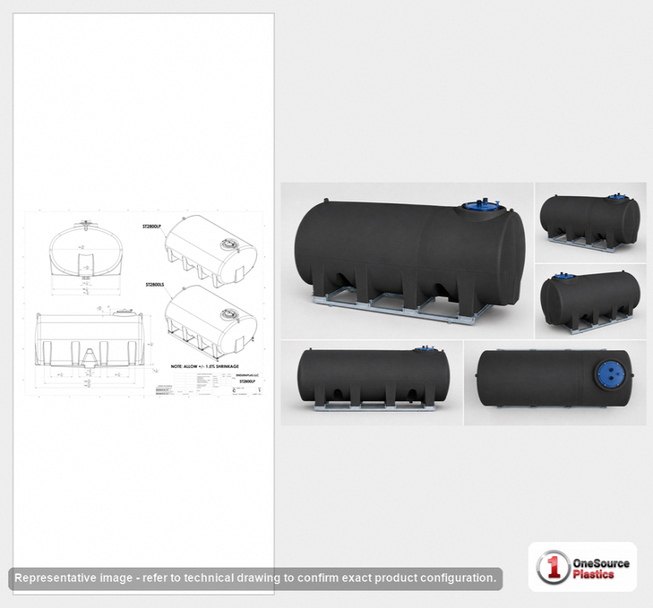 Dimensional spec drawing for Enduraplas 2800 Gallon Horizontal Leg Tank (145" L x 97" W x 76" H)