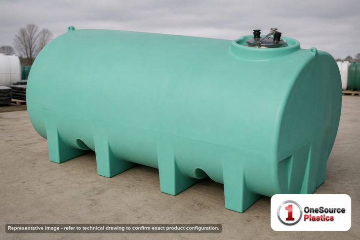 Enduraplas 1600 Gallon Green Horizontal Sump Bottom Leg Tank. Polyethylene; Green; dimensions 59.0in H x 71.0in W x 130.0in L; 594.0 lb empty; 1.9 specific gravity rating; fittings: 1 Manway / Lid; 10 Year Warranty with Activation. Manufacturer part number THD01600G. Sold by OneSource Plastics (https://www.onesourceplastics.com).