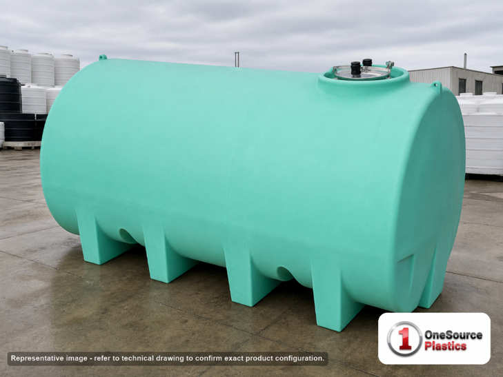 Enduraplas 2200 Gallon Green Horizontal Sump Bottom Leg Tank. Polyethylene; Green; dimensions 75.0in H x 71.0in W x 130.0in L; 770.0 lb empty; 1.9 specific gravity rating; fittings: 1 Manway / Lid; 10 Year Warranty with Activation. Manufacturer part number THD02200G. Sold by OneSource Plastics (https://www.onesourceplastics.com).