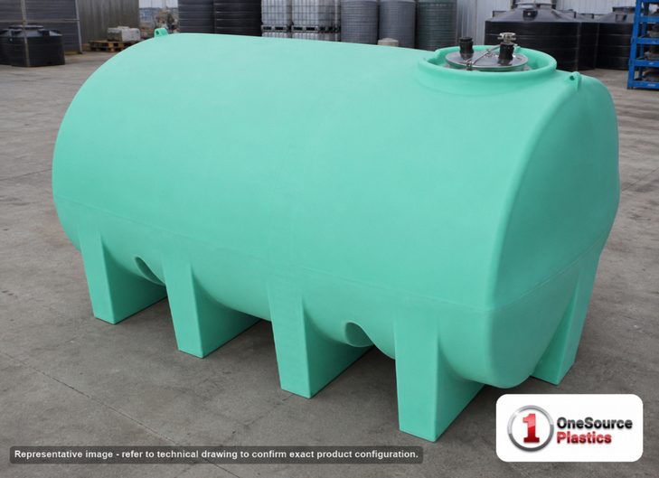 Enduraplas 2500 Gallon Green Horizontal Sump Bottom Leg Tank. Polyethylene; Green; dimensions 77.0in H x 87.0in W x 130.0in L; 1045.0 lb empty; 1.9 specific gravity rating; fittings: 1 Manway / Lid; 10 Year Warranty with Activation. Manufacturer part number THD02500G. Sold by OneSource Plastics (https://www.onesourceplastics.com).