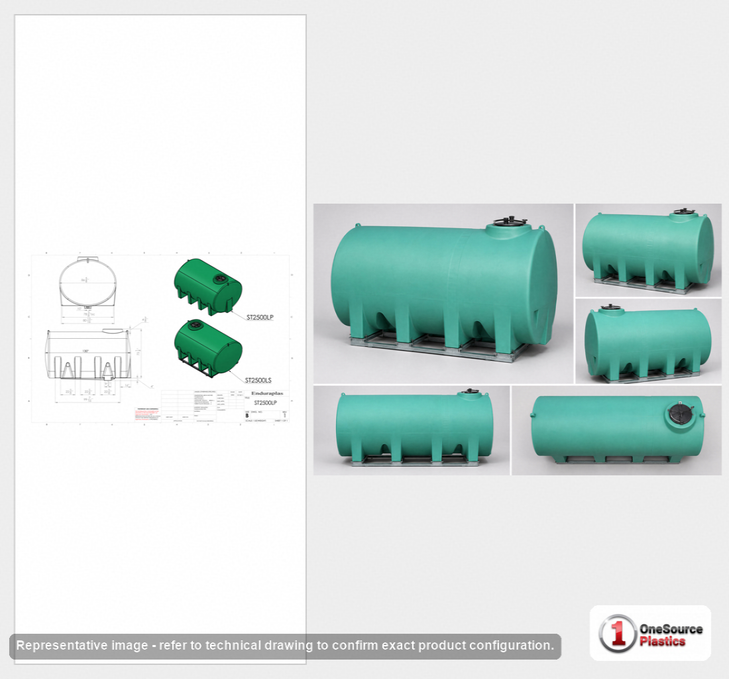 Dimensional spec drawing for Enduraplas 2500 Gallon Horizontal Leg Tank (130" L x 87" W x 78" H)