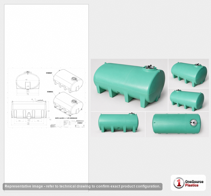 Dimensional spec drawing for Enduraplas 2800 Gallon Horizontal Leg Tank (145" L x 97" W x 75" H)