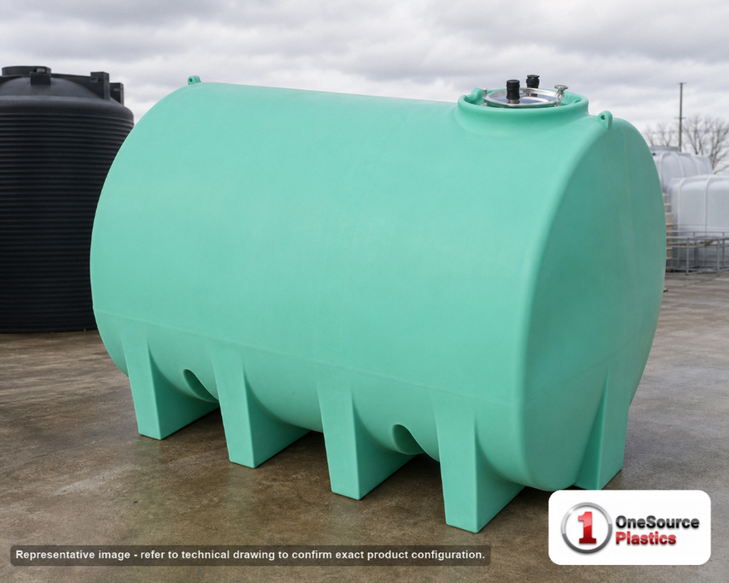 Enduraplas 3000 Gallon Green Horizontal Sump Bottom Leg Tank. Polyethylene; Green; dimensions 93.0in H x 87.0in W x 130.0in L; 1210.0 lb empty; 1.9 specific gravity rating; fittings: 1 Manway / Lid; 10 Year Warranty with Activation. Manufacturer part number THD03000G. Sold by OneSource Plastics (https://www.onesourceplastics.com).