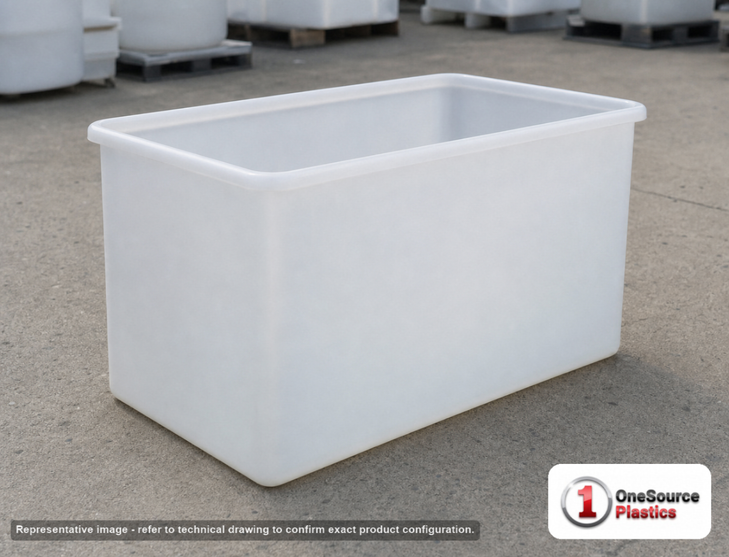 Chem-Tainer 62 Gallon Polypropylene Open Top Batch Storage Tank. 62 gallon capacity; Polypropylene; 20" H x 20" W x 36" L.