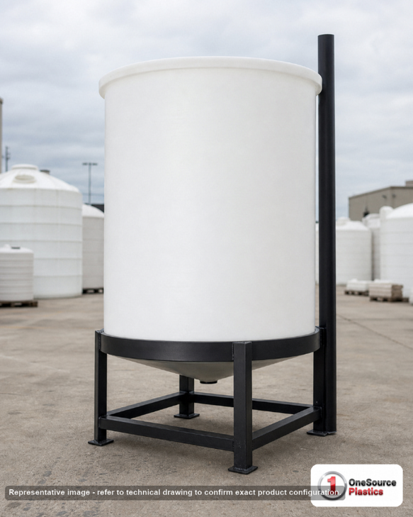 Chem-Tainer 500 Gallon 20 Degree Plastic Vertical Open Top Cone Bottom Tank. 500.0 gallon capacity; Polyethylene; dimensions 64.0in H x 52.0in W x 52.0in L; 165.0 lb empty; 1.5 specific gravity rating. Manufacturer part number TC5264CA. Sold by OneSource Plastics (https://www.onesourceplastics.com).